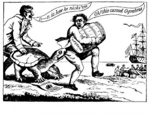 A political cartoon lampooning the Embargo Act of 1807. A merchant trying to smuggle goods out of the country is snapped at by a turtle, and complains about the "Ograbme". Ograbme is embargo spelled backwards. A political cartoon lampooning the Embargo Act of 1807